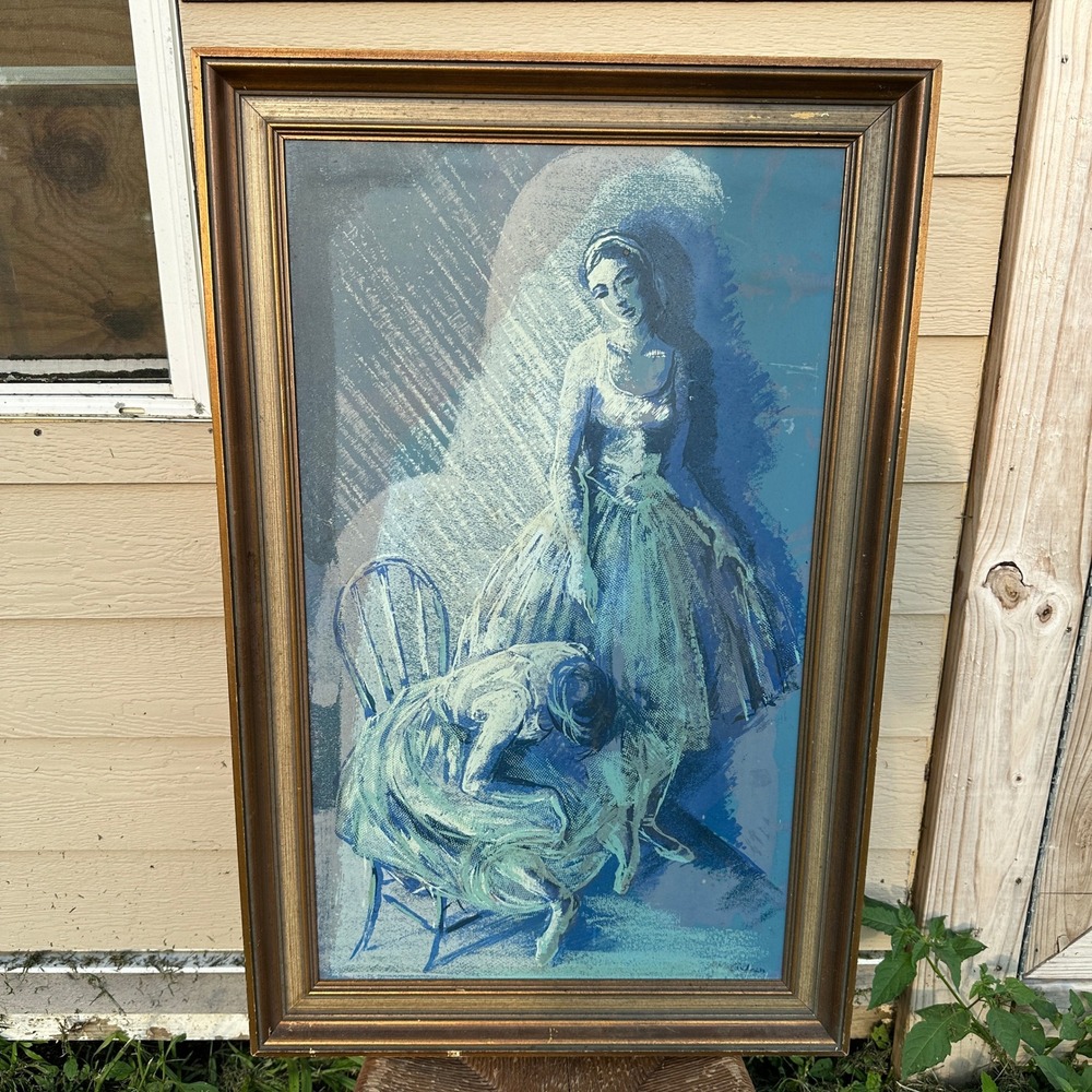 Vintage Mid Century Ballerina Lithograph Print Gold Framed Blue Dance Art READ